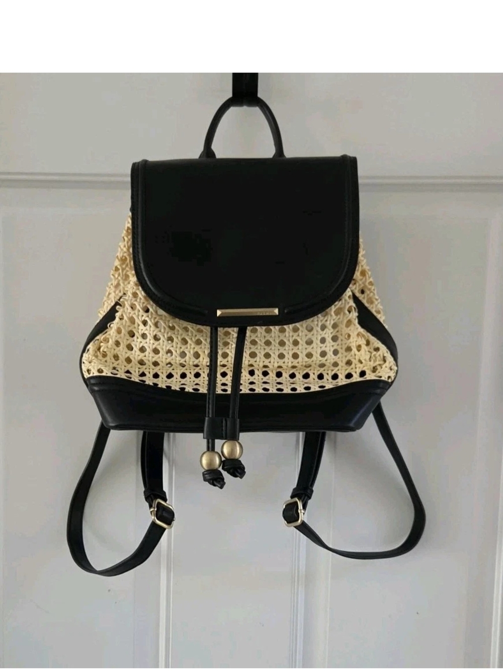 ALDO Women's Medium Woven Rattan Faux Leather Backpack Drawstring Black Beige